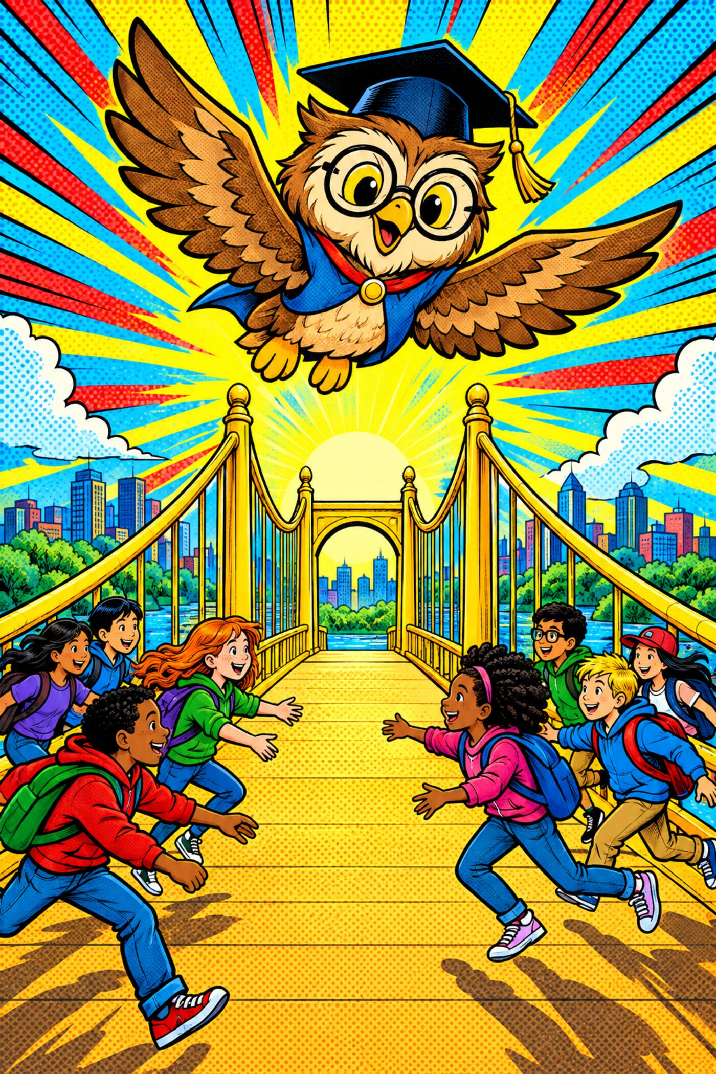 B.R.I.D.G.E. comic cover art with kids and Professor Pips the owl